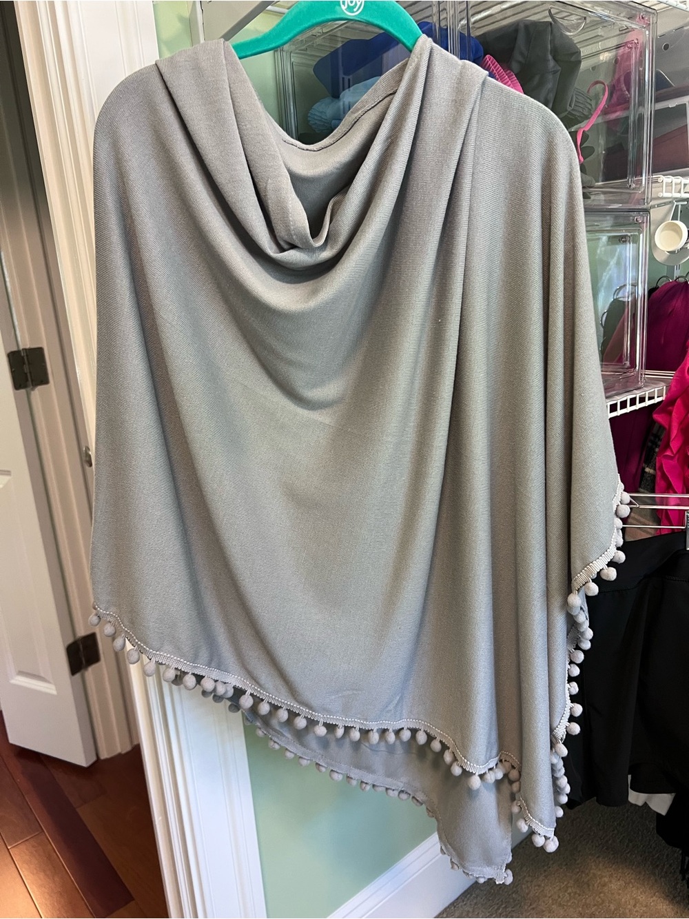 Soft Gray Pom-Pom Trim Shawl Wrap/Cape